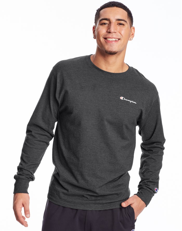 Champion Classic Jersey Long-Sleeve Script Logo Darj Grey T-Shirt Mens - South Africa BLTDIA074